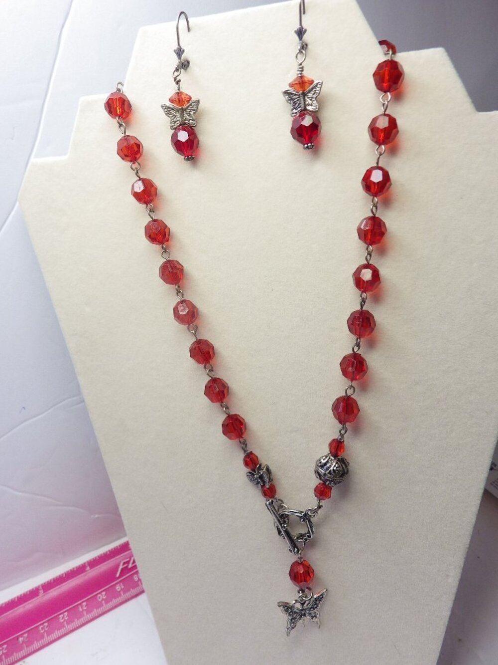 Red Beaded Butterfly Necklace & Earrings Set 704F2